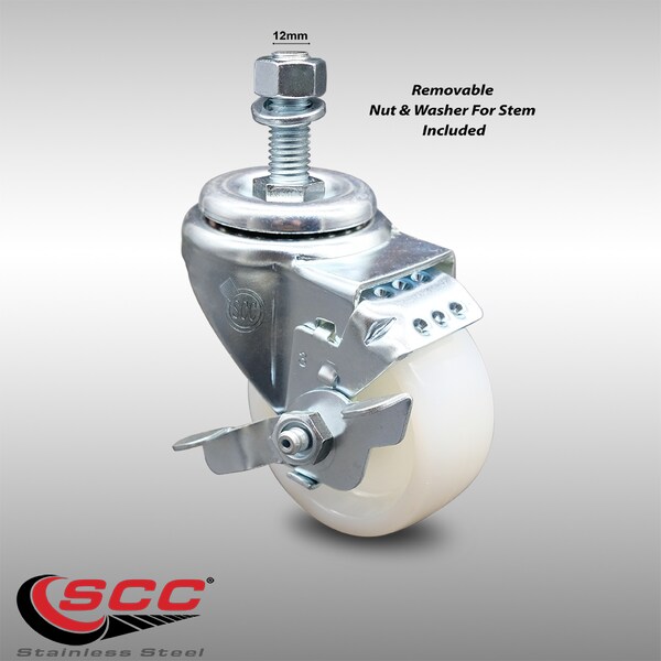 Service Caster 3 Inch SS Nylon Wheel Swivel 12mm Threaded Stem Caster with Brake SCC SCC-SSTS20S314-NYS-TLB-M1215 - main
